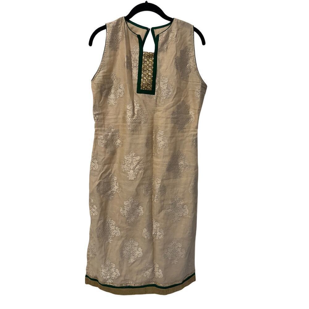 Kurta Churidar 2 Piece Sleeveless Set Size Medium Beige/Green Indian Clothes